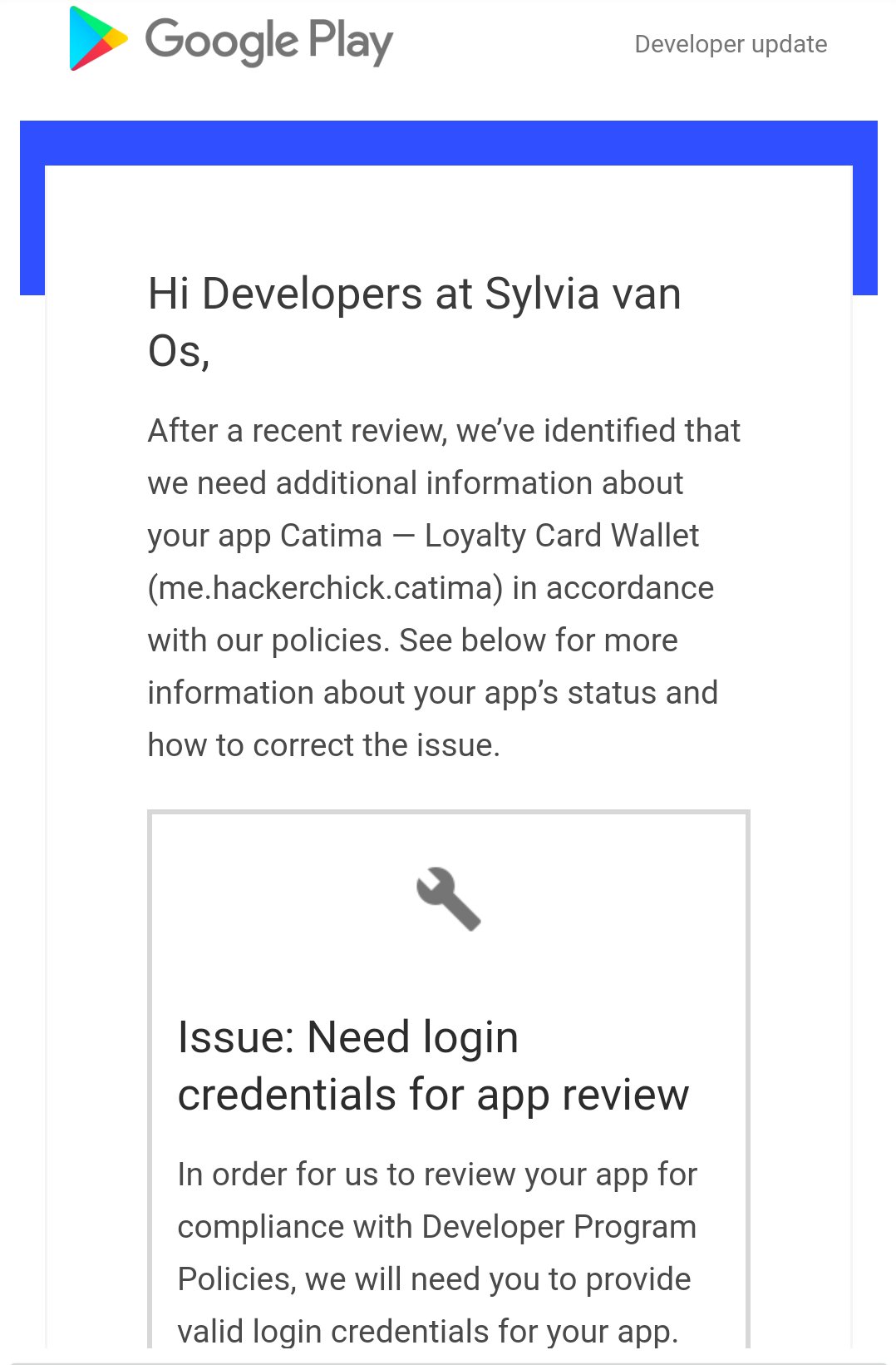 Email stating Google rejected my app due to a lack of login info